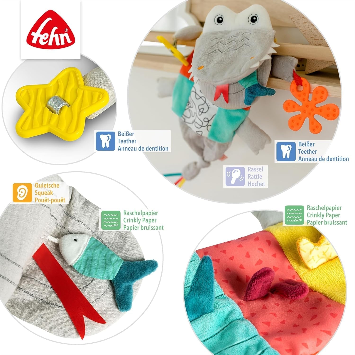 Fehn Babyhandpuppe Krokodil – Plüschtier mit Rassel, Raschelpapier, Beißring und Quietscher – Babyhandpuppe – Knallspielzeug für Babys und Kleinkinder ab 6 Monaten Babyspielzeug Naty Shop