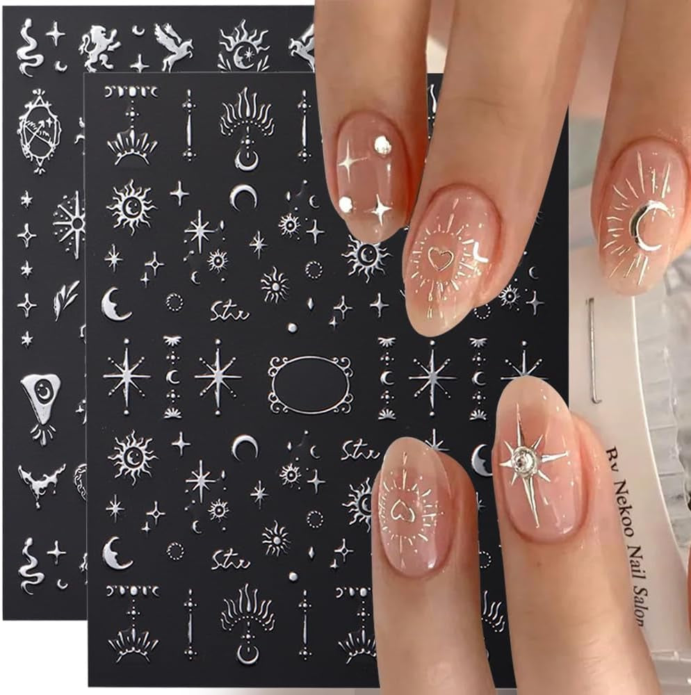 3D-Nagelaufkleber, silberfarben, metallisch, Nagelaufkleber für Frauen, Stern, Mond, Sonne, Nagelfolie, selbstklebende Aufkleber, Schmetterlings-Nagelaufkleber, Nagelaufkleber, Nageldesign-Zubehör, 8 Stück