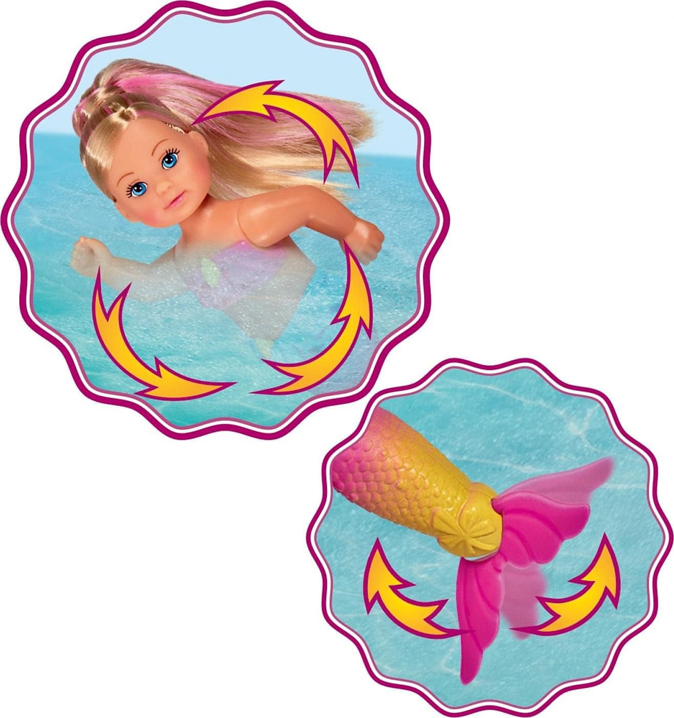 Simba 105733318 – Evi Love Swimming Mermaid, Evi wie eine Meerjungfrau, kann richtig schwimmen, mit Fischfigur, Anziehpuppe, 12 cm, für Kinder ab 3 Jahren. Puppen Naty Shop