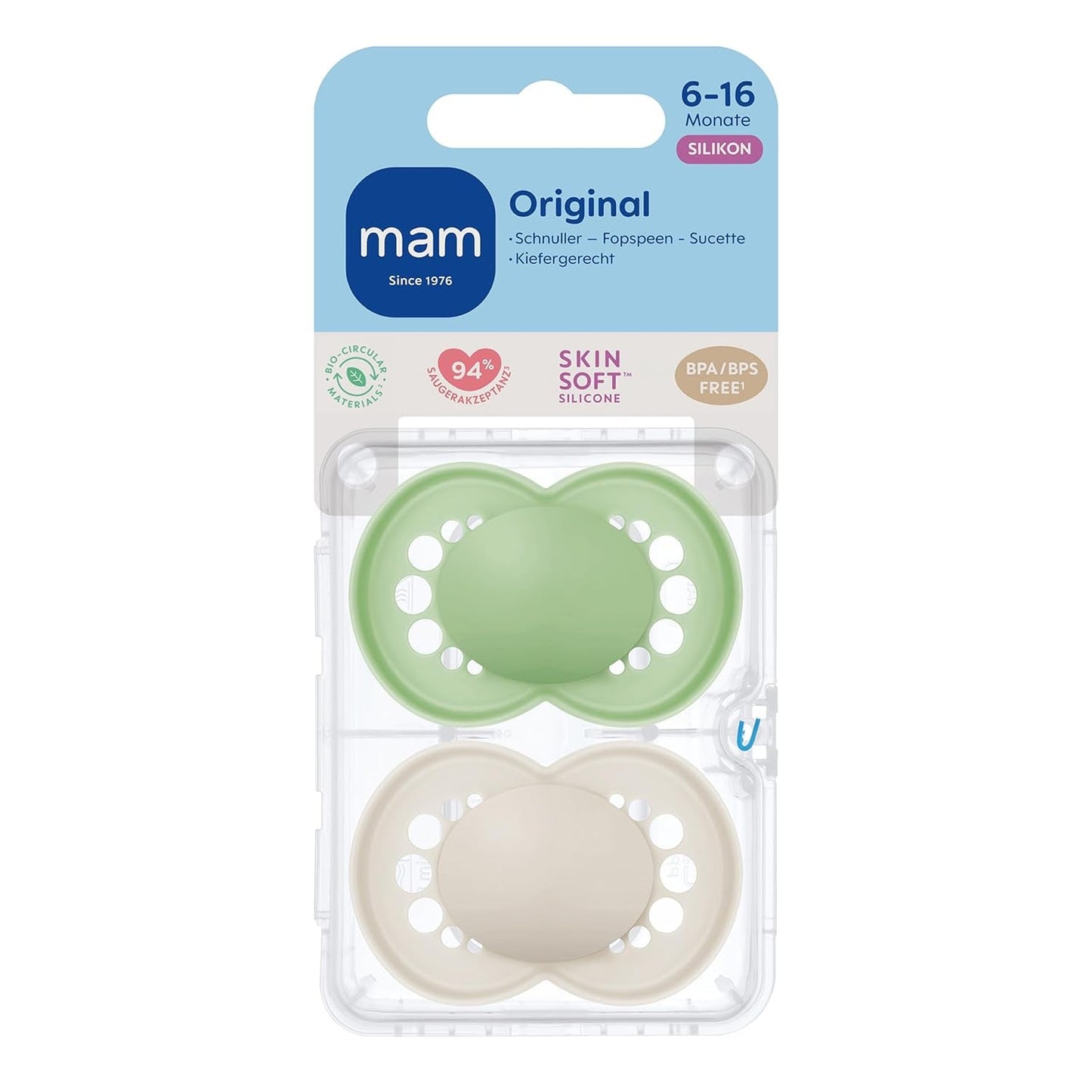 MAM Original Schnuller, 2er-Pack, zahnfreundliche Babyschnuller, aus nachhaltigen und bioregenerierbaren Materialien, MAM SkinSoft Silikonsauger, mit Schnullerbox, 6-16 Monate, Grün/Beige