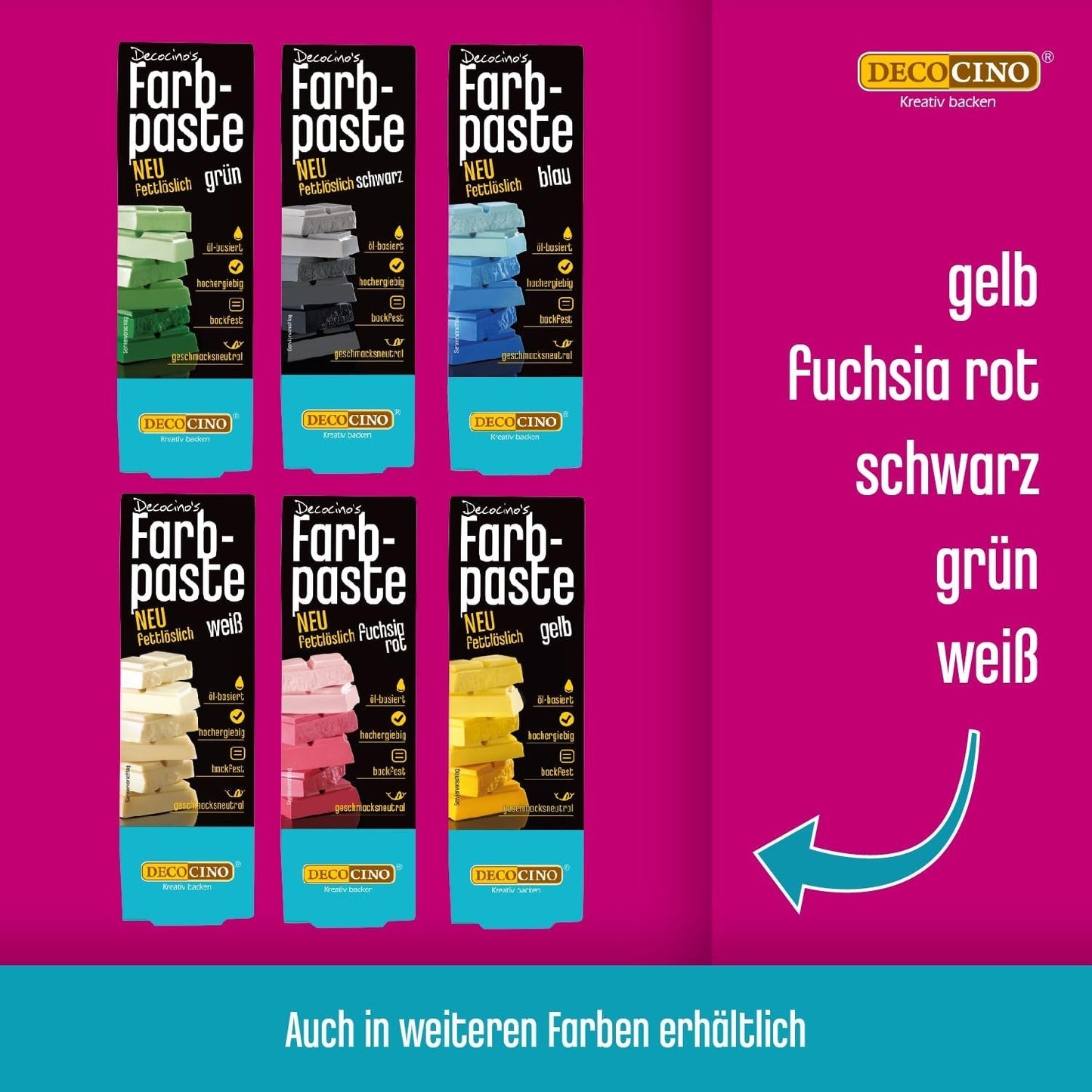 Decocino Fettlösliche Farbpaste 6er-Set – 6 x 15 g – Lebensmittelfarbe in Rot, Weiß, Grün, Gelb, Blau und Schwarz, ideal zum Einfärben von Kuchen, Fondant und Cremes – Azo- und glutenfrei