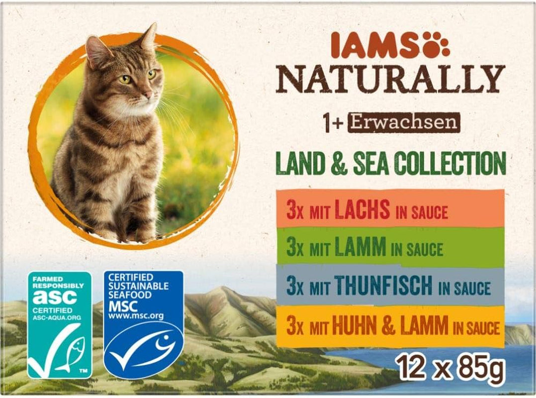 IAMS Natürliches Nassfutter für Katzen in Soße – Hochwertiges Fleisch- und Fischnassfutter für erwachsene Katzen, Land & Sea Collection, 12 x 85 g