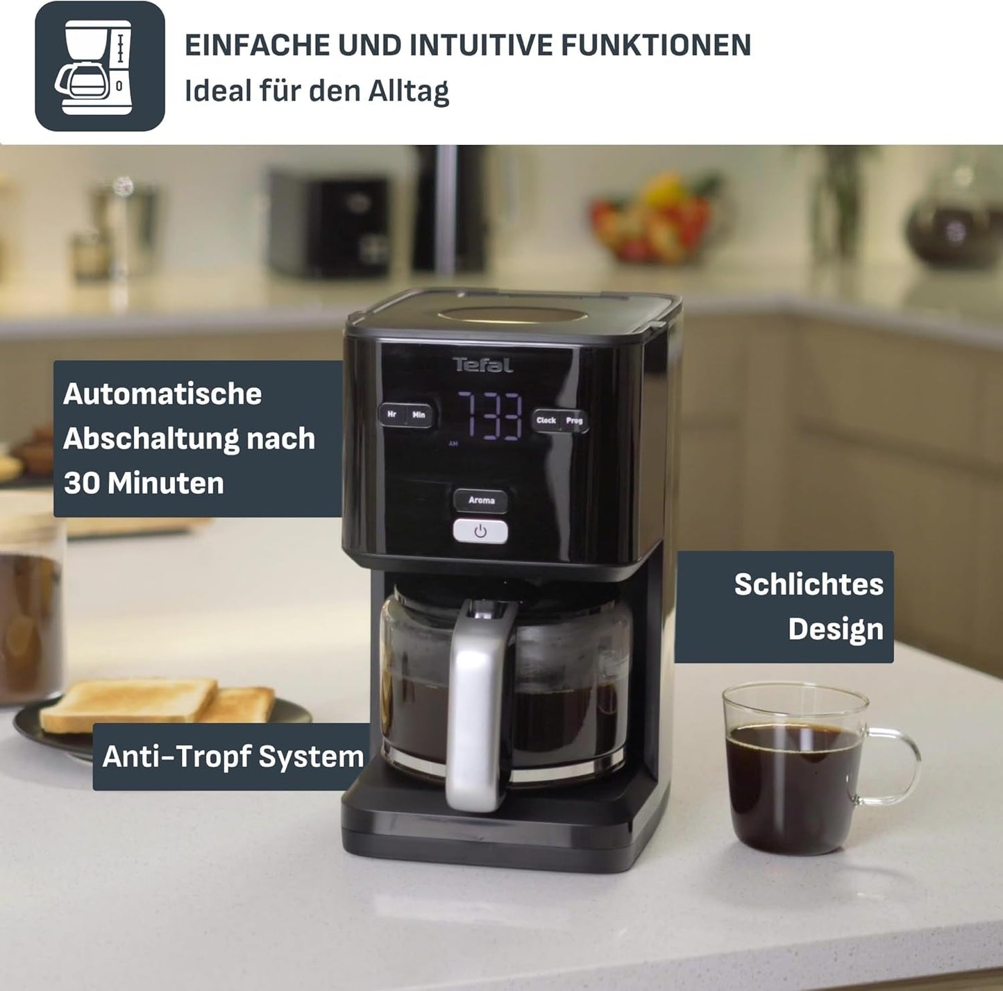 Tefal Smart'n Light Espressomaschine mit Timer, Espressomaschine mit programmierbarem Filter 1,25 l, Aromafunktion für intensives Aroma, Warmhaltefunktion, Anti-Tropf und leicht zu reinigen, Schwarz