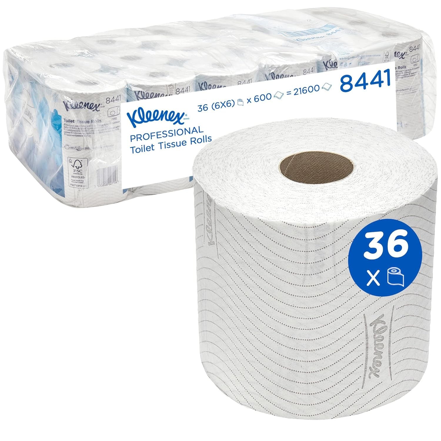 Kleenex Standard Roll 8441 Toilettenpapier – 2-lagiges Toilettenpapier – 6 Packungen mit je 6 Rollen x 600 Blatt, weiß (36 Rollen/21.600 Blatt insgesamt)