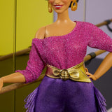 Barbie Signature Debbie Allen Tribute Collection Puppe mit schulterfreiem Oberteil, goldenem Gürtel und lila Fransenhosen und Leggings, JBJ24