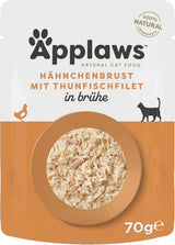 Applaws 100 % natürliches Nassfutter für Katzen, Hühnerbrust mit Tunfischfilet in Brühe – Packung mit 12 x 70 g Beuteln