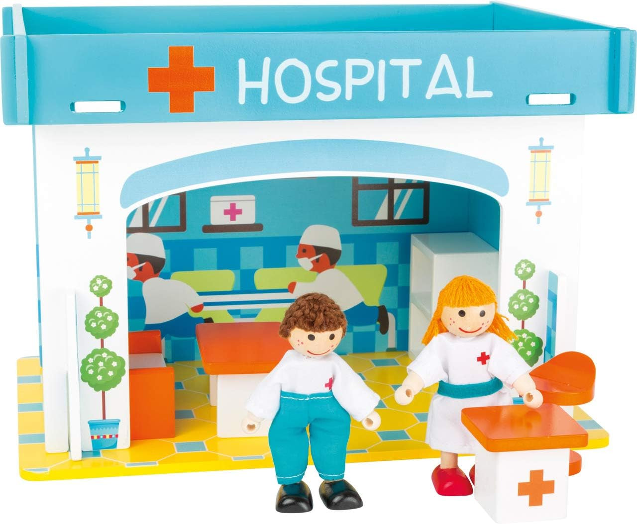 Small Foot 10852 Playhouse Restaurant aus Holz, mit 2 Puppenfiguren, Zubehör und abnehmbarem Dach, ab 3 Jahren, Puppenhäuser Naty Shop Hospital