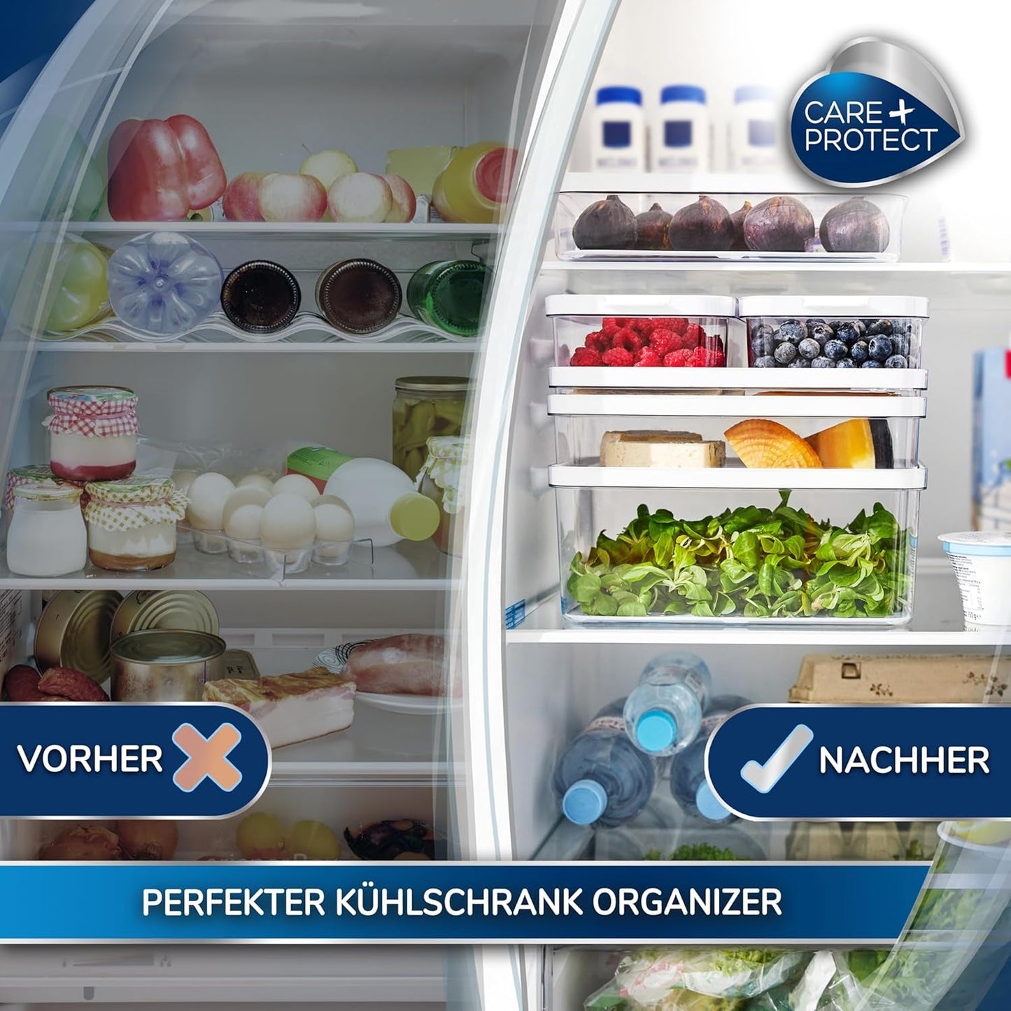 CARE + PROTECT Smarter Lebensmittelbehälter, perfekt stapelbar, Kühlschrank-Organizer, schützt Lebensmittel vor Feuchtigkeit, hält Lebensmittel länger frisch, 2,15 l Frischhalteboxen Naty Shop