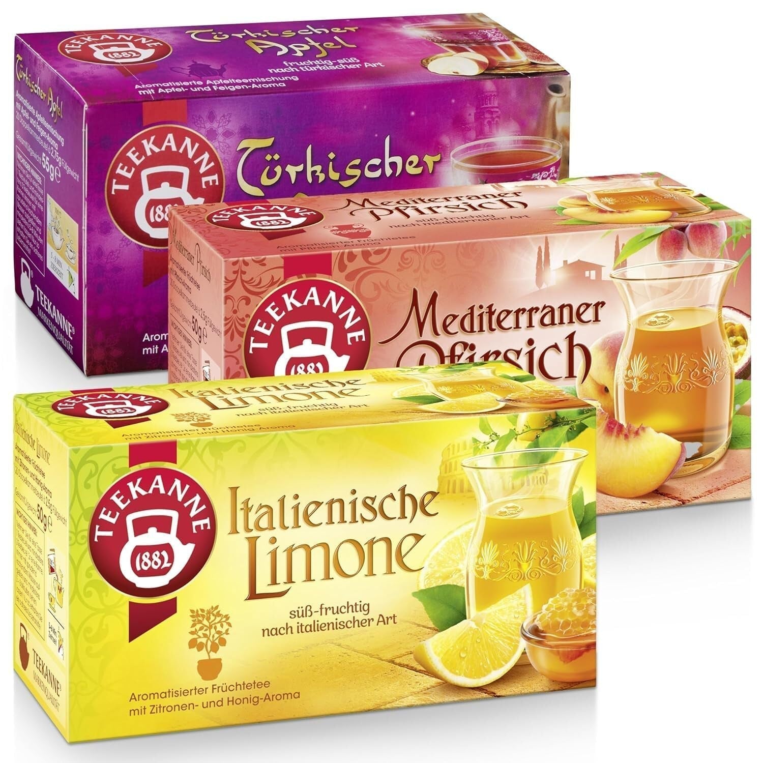 Teekanne Teeset 3-fach sortiert, italienische Zitrone, mediterraner Pfirsich und türkischer Apfel, 155g
