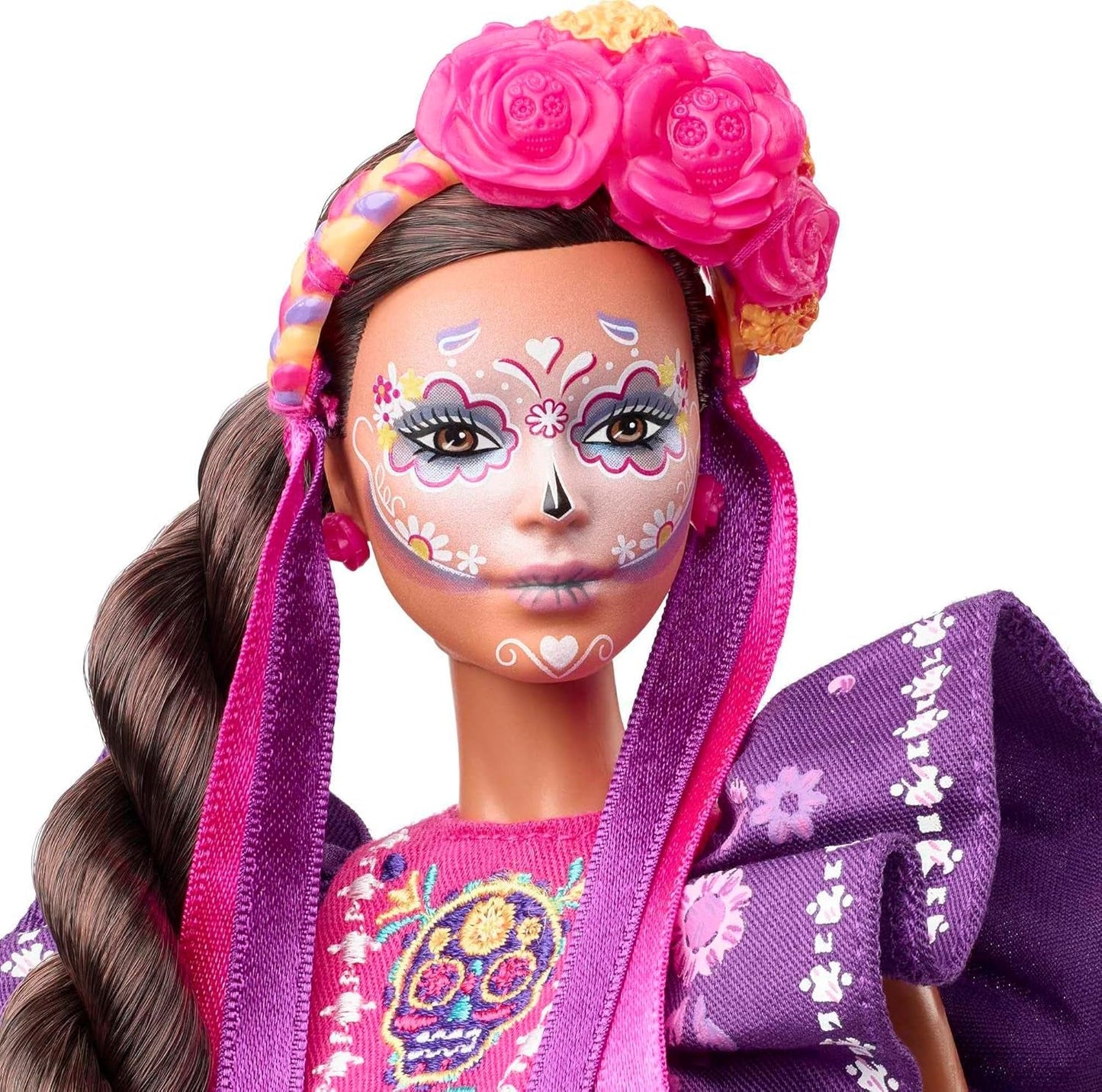 2022 Día De Muertos Barbie-Puppe mit gerüschtem Trachtenkleid, Blumenkranz und Calavera-Gesichtsbemalung, Geschenk für Sammler