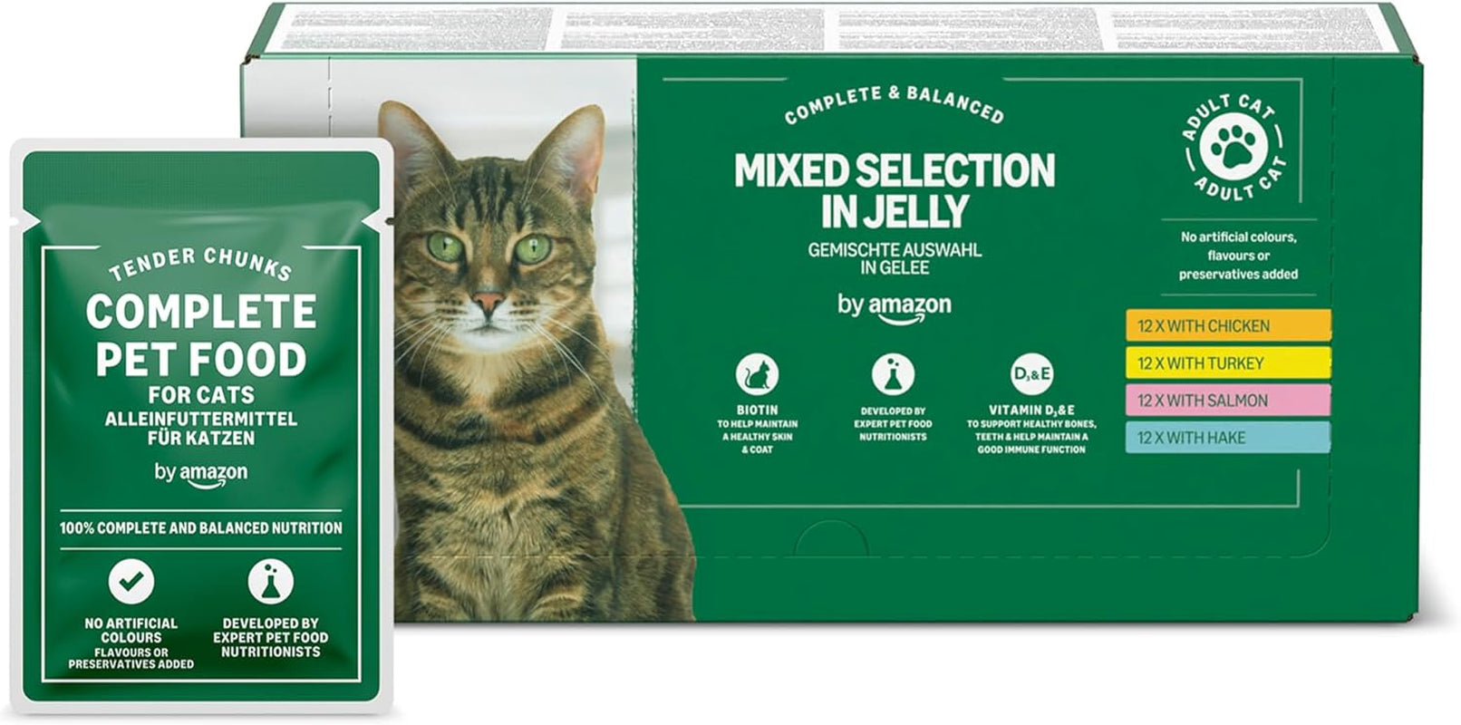 Amazon getreidefreies Nassfutter für ausgewachsene Katzen, gemischte Auswahl in Gelee, 4,8 kg (48 Packungen à 100 g)