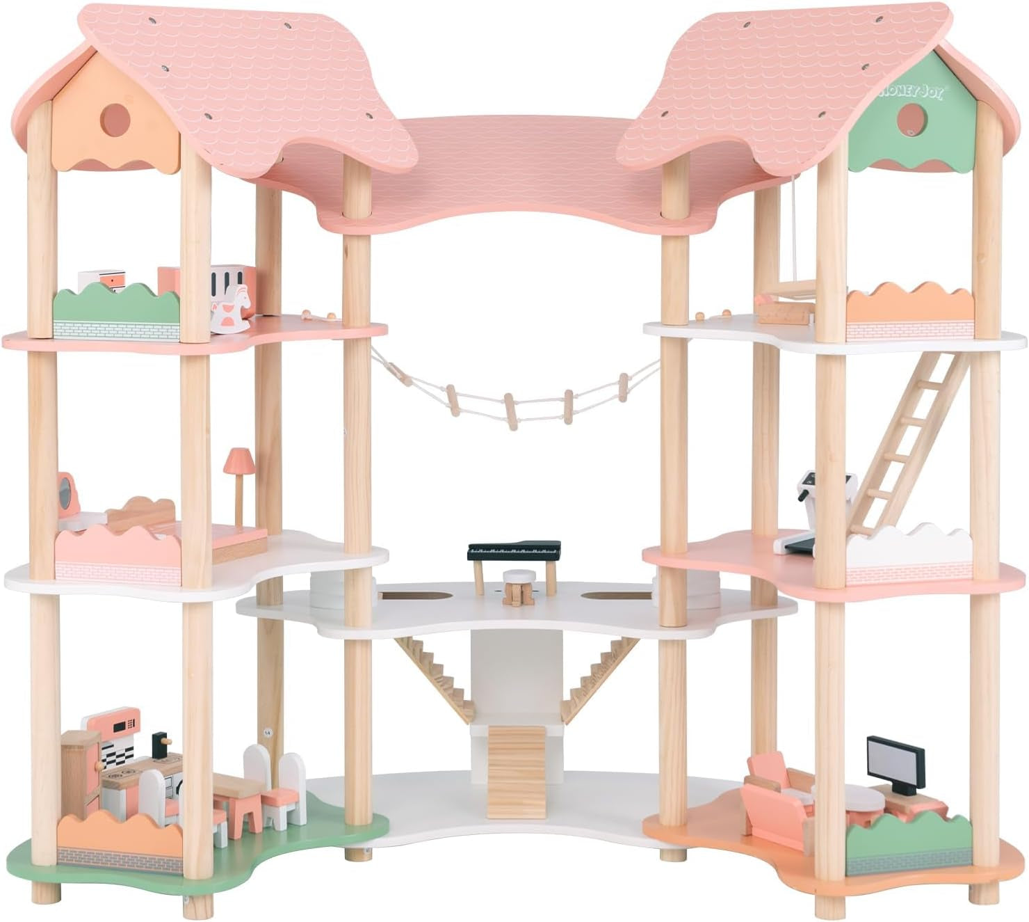 FANTASK Puppenhaus aus Holz, 85 cm hoch, 7-Zimmer-Puppenhaus mit 32 Möbeln und Zubehör, Puppenhaus mit Strickleiter, Puppenhaus-Geschenk für 3-jährige Mädchen (Modell 3). Naty Shop Dollhouses Standardtitel