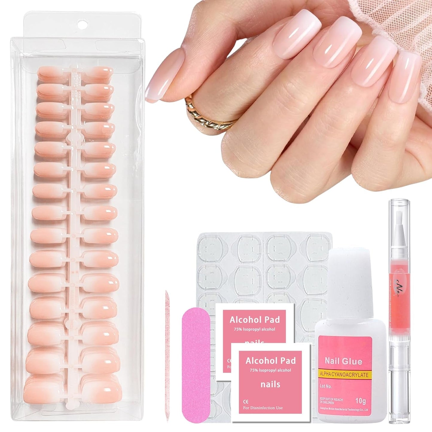 240-teiliges Farbverlaufs-Quadrat-Nägel-Set, nackte weiße Farbverlaufs-Kunstnägel für Ölstiftkleber, mittlere Ombre-natürliche künstliche Nägel für Frauen DIY (nackter quadratischer Nagel)