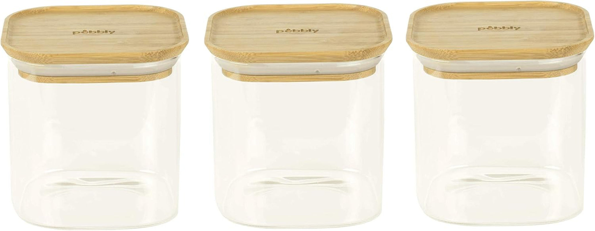 Set aus 3 quadratischen Glasbehältern mit Bambusdeckel – 800 ml, Borosilikatglas, Bambus, Silikon, natur, 11 x 11 x 11 cm. Naty Shop Lebensmittelaufbewahrungsboxen 11 x 11 x 11 cm