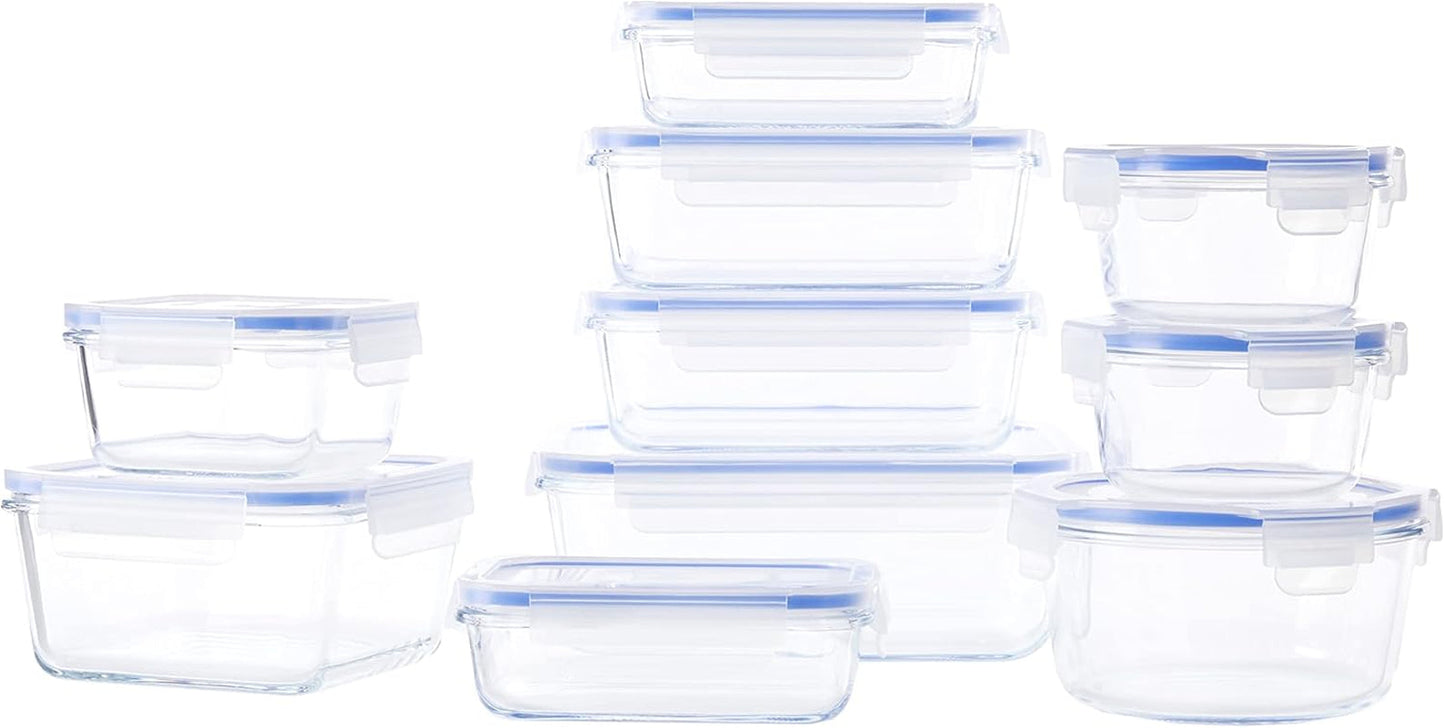 Amazon Basics Lebensmittelbehälter aus Glas mit Deckel, 20er-Pack (10 Behälter + 10 Deckel), BPA-frei, durchsichtig, blau, Aufbewahrungsboxen für Lebensmittel, Naty Shop, 20 Stück