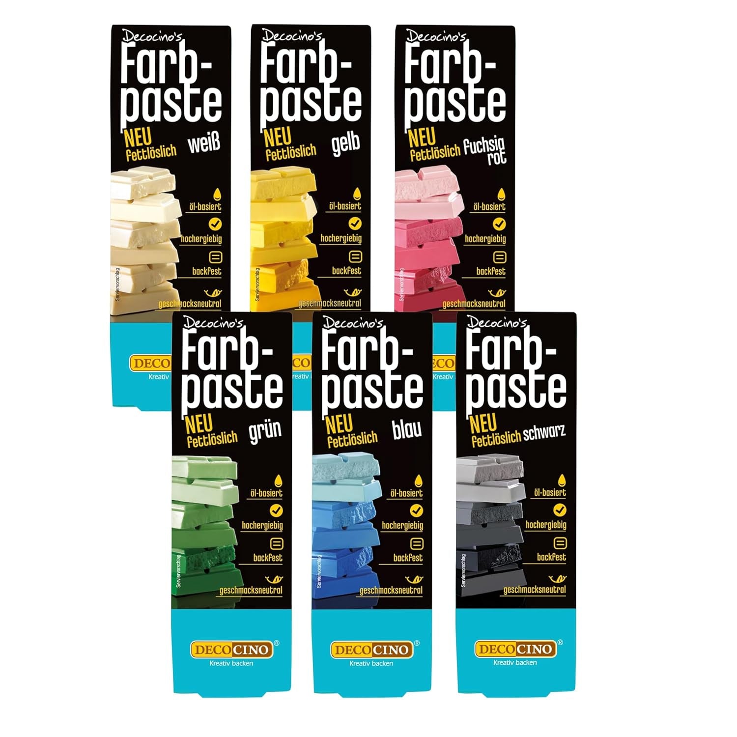 Decocino Fettlösliche Farbpaste 6er-Set – 6 x 15 g – Lebensmittelfarbe in Rot, Weiß, Grün, Gelb, Blau und Schwarz, ideal zum Einfärben von Kuchen, Fondant und Cremes – Azo- und glutenfrei