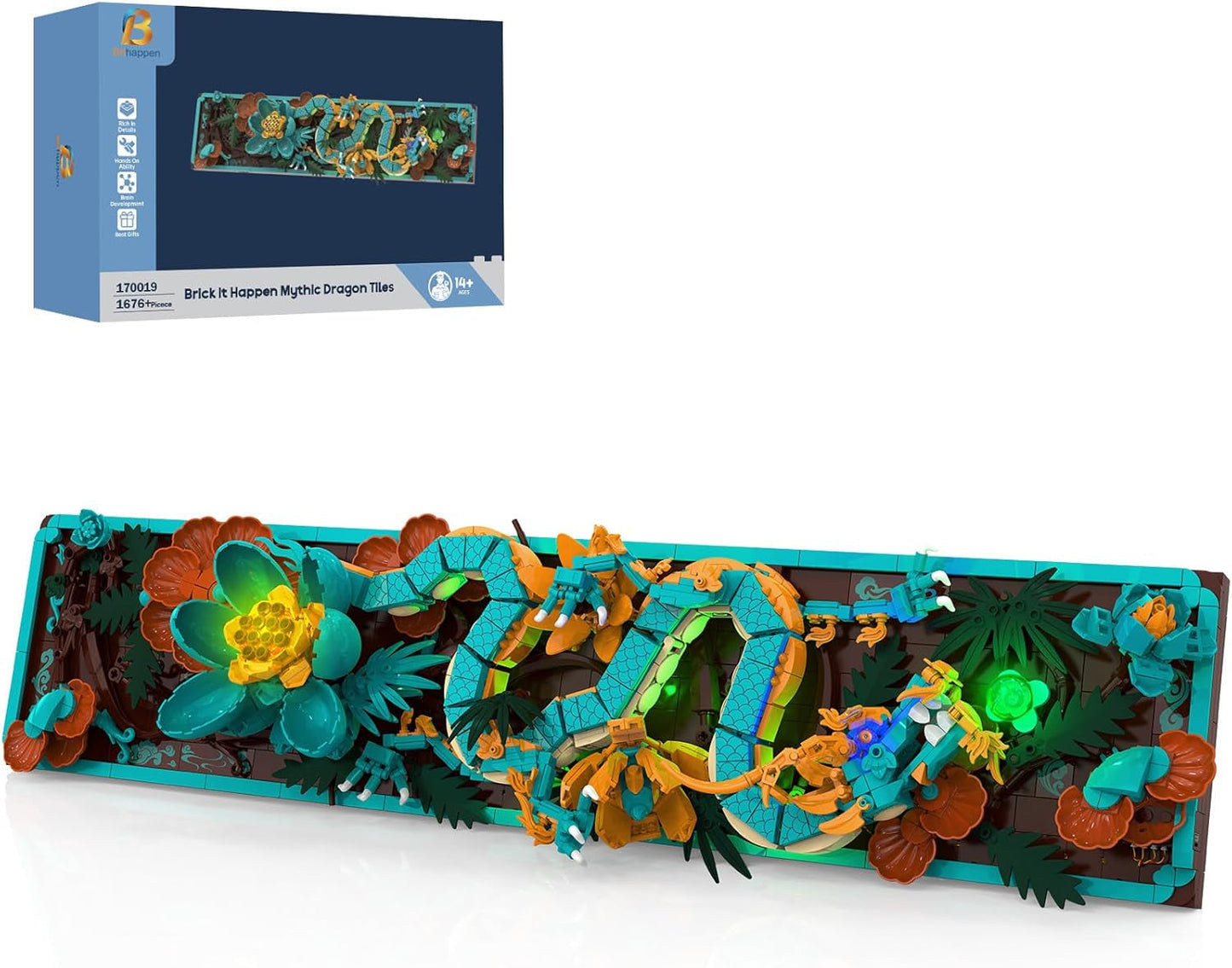 Mythischer Drache-Fliesenbausatz für Erwachsene, 3D-Göttliches Loong-Kunstbauspielzeug mit LED-Lichtern und Blumen, DIY-Drachen-Relief-Modellbausatz, kreative Geschenke und Dekorationen (1676 Teile)