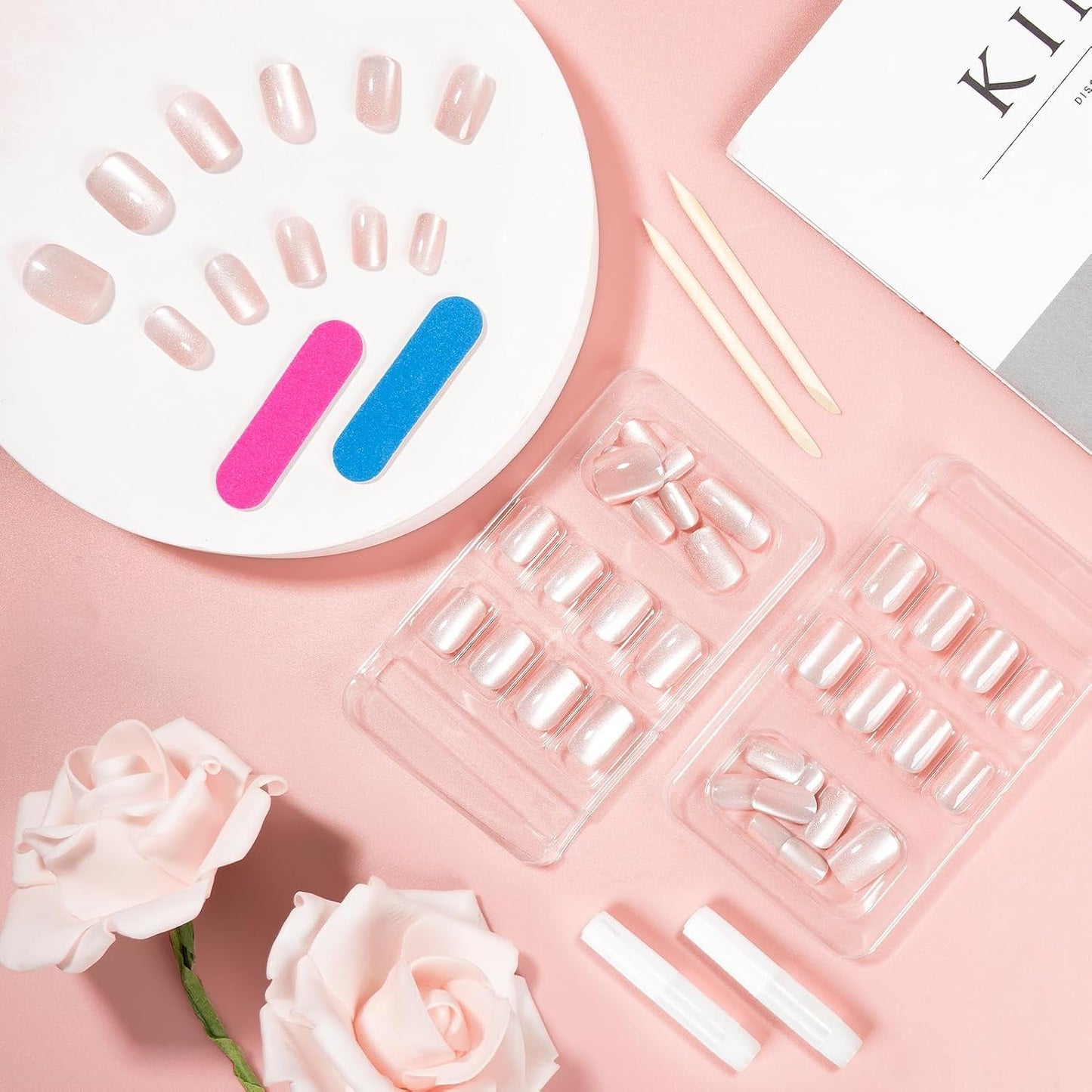Kiiwah 48 Stück kurze quadratische Nägel, rosa, künstliche Nägel, zum Aufkleben, kurze Nagelspitzen, falsche Nagelspitzen