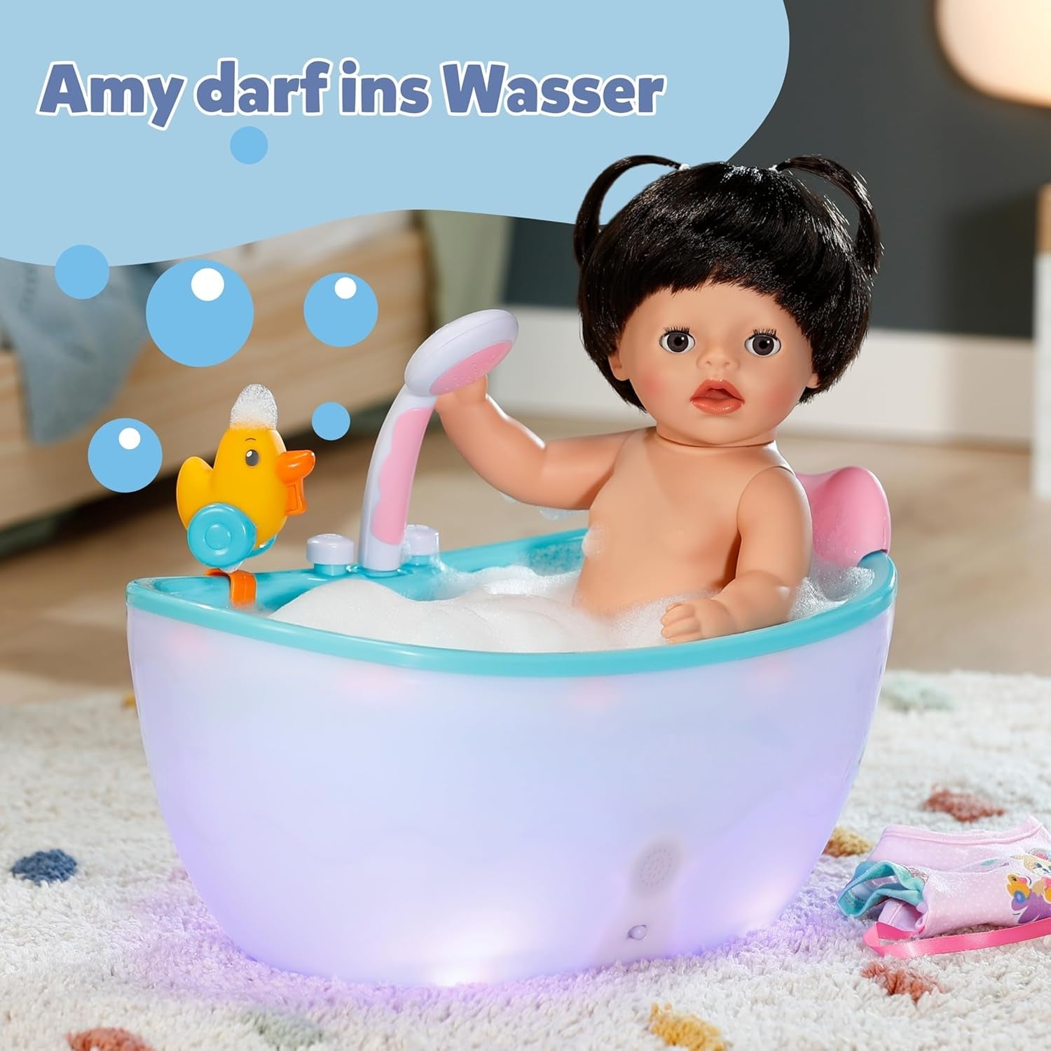 BABY Born Amy – 36 cm große Puppe – Babypuppe mit 7 Funktionen für Kleinkinder ab 1 Jahr – Funktioniert ohne Batterien – Inklusive Zubehör und Matratze
