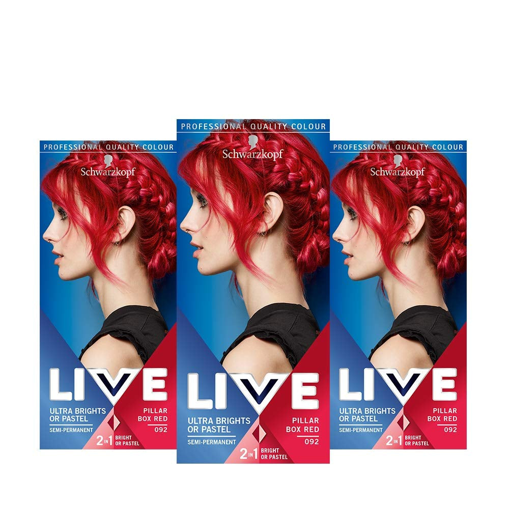 Live Ultra Bright oder Pastell Red Haarfärbemittel, 3er-Pack, semipermanente Farbe, hält bis zu 15 Haarwäschen – 092 Pillar Box Red Naty Shop Pillar Box Red Haarfärbemittel, 3er-Pack (1 Stück)