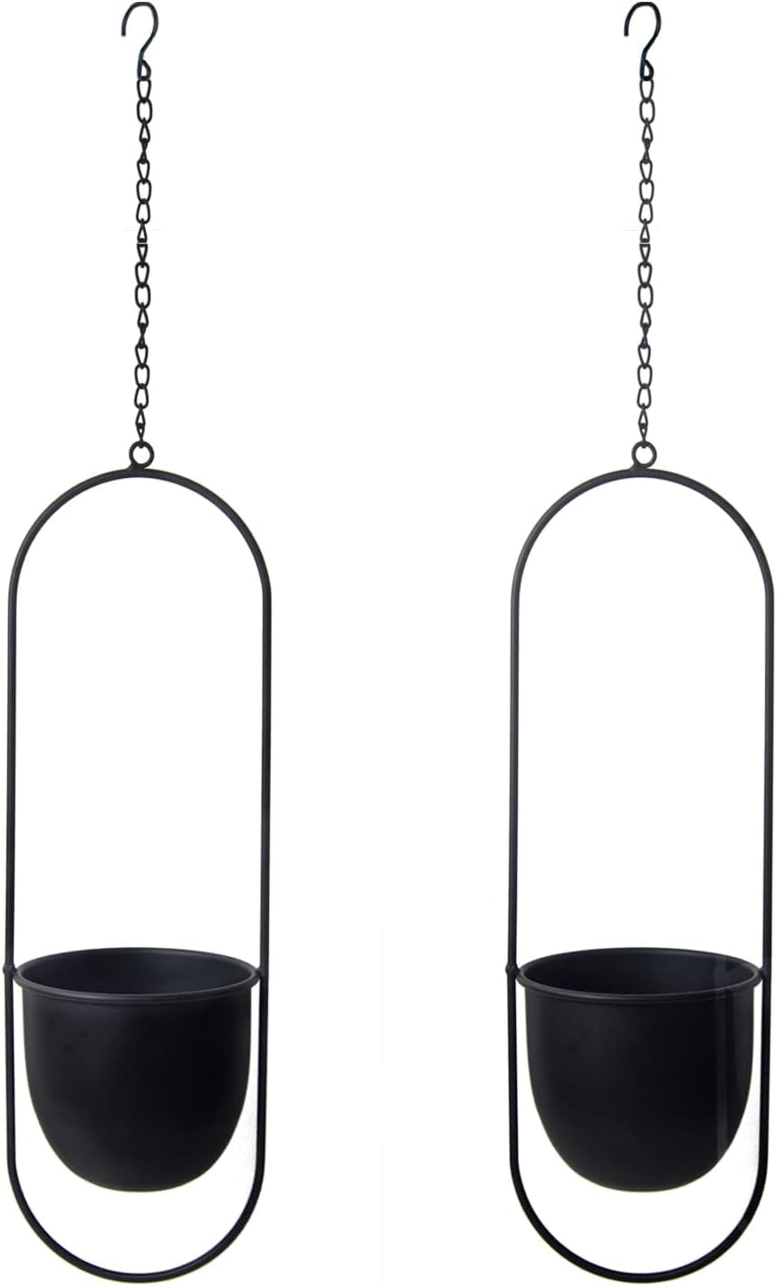 Hängende Blumentöpfe aus Metall, 2 Stück, schwarz, ovaler geometrischer Pflanzenaufhänger mit Töpfen, moderner Wand- und Deckenpflanzer für drinnen und draußen, 15,2 cm, Blumentöpfe 2 Stück