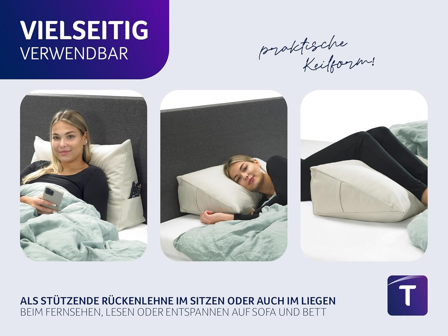 Traumnacht Cozy Rückenkissen, Lesekissen, 70 x 40 cm beige, abnehmbarer und waschbarer Bezug aus 100 % Polyester, praktische Seitentasche, Öko-Tex zertifiziert, nach deutschen Qualitätsstandards produziert