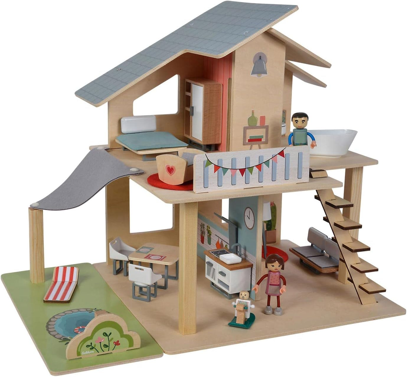 Eichhorn - Puppenhaus mit Zubehör - Inkl. Möbel und 3 Figuren, zerlegt, aus Holz, 25 Teile, 53 x 36 x 44 cm groß, aus DREI Jahren. Puppenhäuser Naty Shop Standardtitel