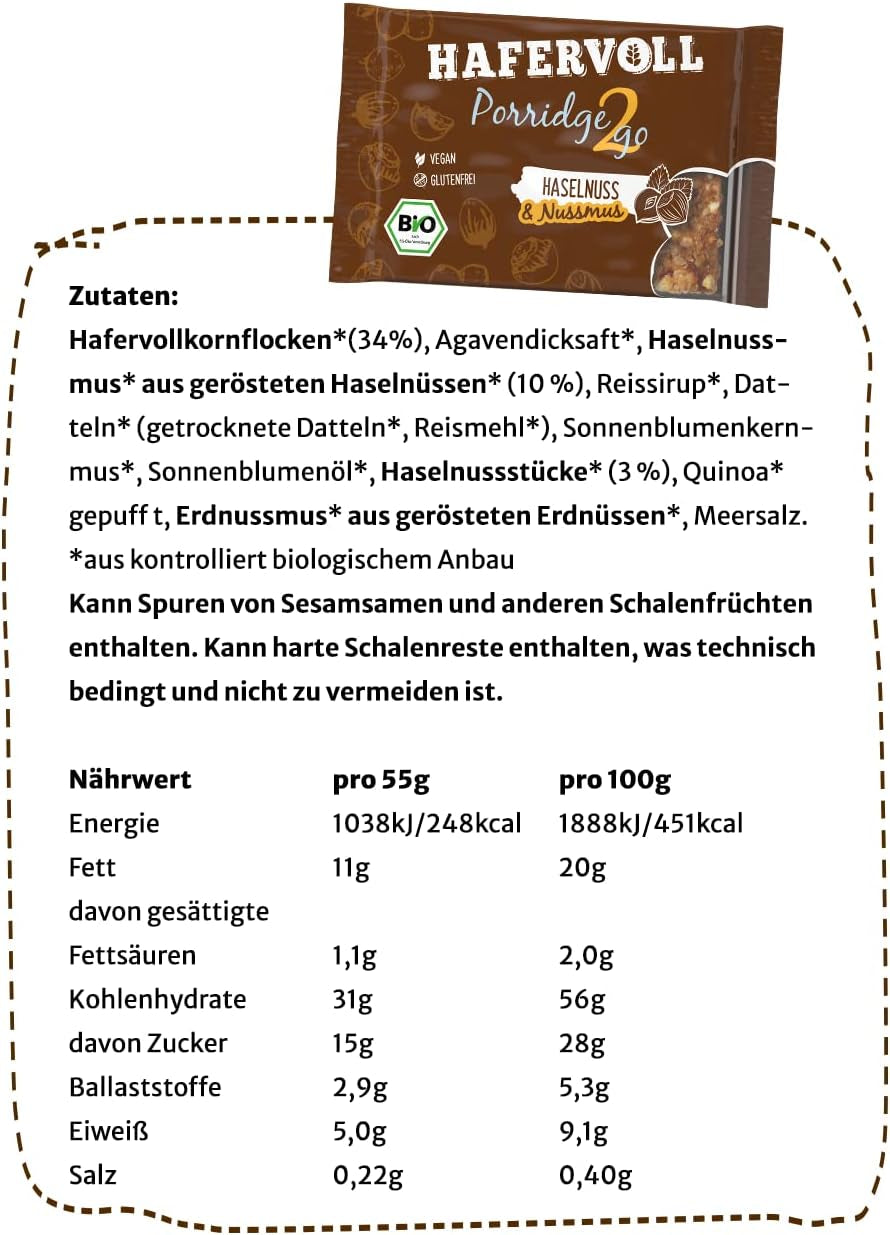 Hafervoll Porridge2go Erdnussbutter und Nüsse, 13 Riegel x 55 g – Vegan, Bio, Glutenfrei, Snack ohne Zuckerzusatz, mit Hafer, Datteln und Quinoa-Süßigkeit