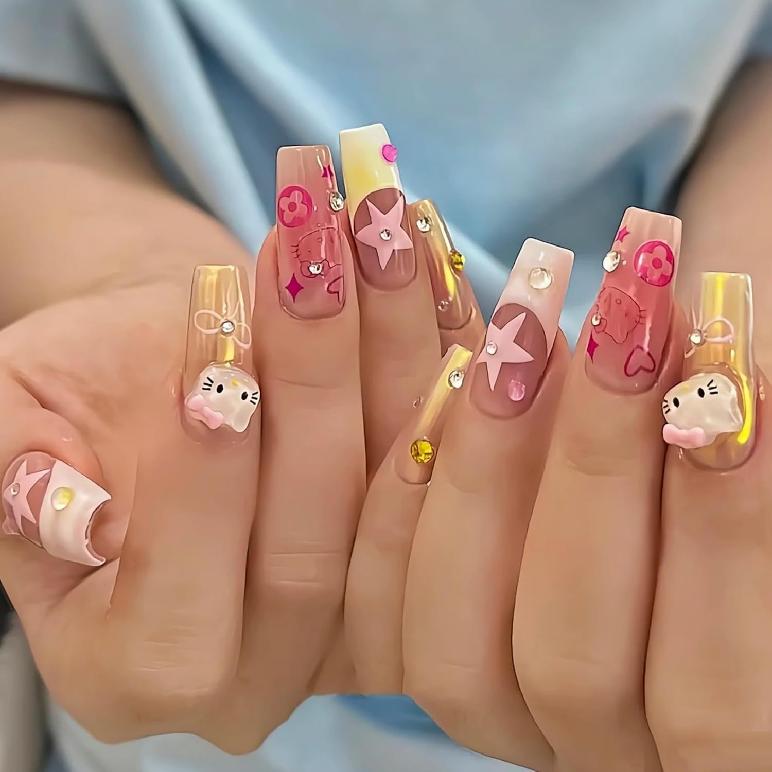 3D-Katzen-Nagelaufkleber, Nagelglitzer, Pailletten, Kunstharz-Nagelaufkleber, Nageledelsteine, Diamanten für Nagelkunst, inklusive Strass-Nagelwachsstift (Bunte Katze)