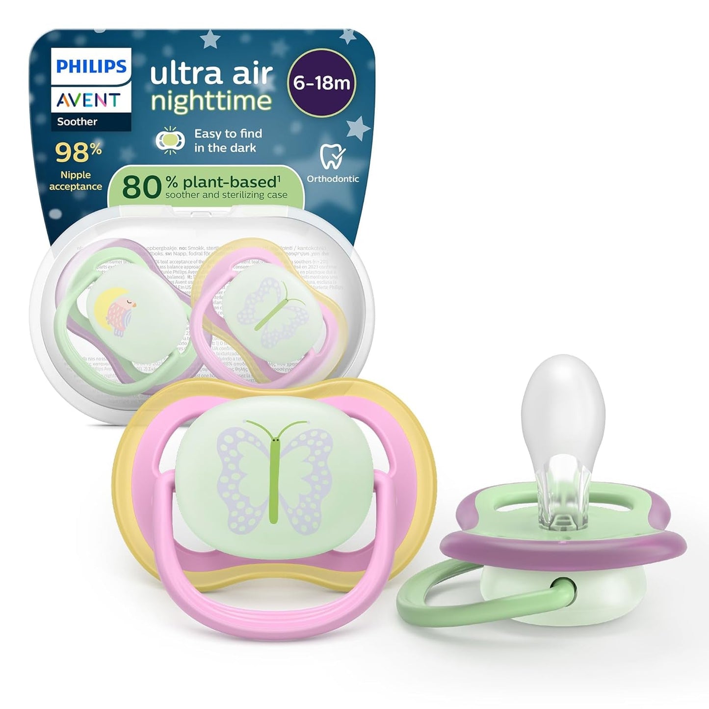 Philips AVENT Ultra Air-Schnuller – 4er-Pack BPA-freie, atmungsaktive Schnuller für Babys von 6–18 Monaten, inklusive Tragetasche und Sterilisation, Schildkröten-/Wal-Muster (Modell SCF085/66)
