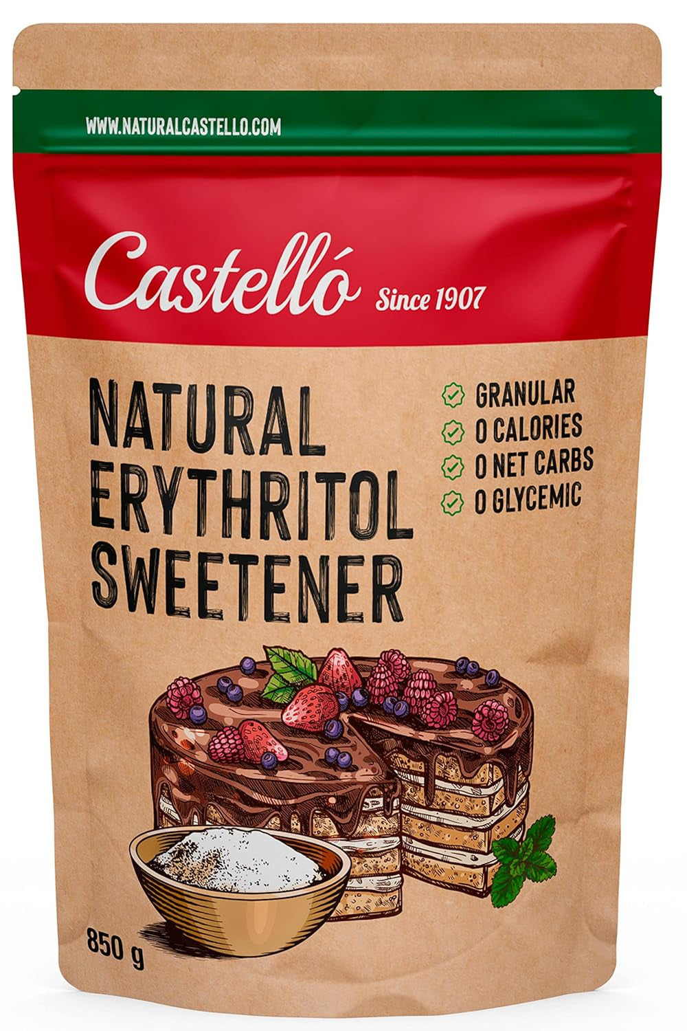 Natürliches Erythrit - Kristallzucker | 10G = 7G Zucker | Natürlicher Zuckerersatz - 0 Kalorien - 0 Glykämischer Index - Keto Und Paleo - 0 Netto-Kohlenhydrate - Kein GVO - Castello seit 1907-1Kg Süßstoffe Naty Shop 850 G (1Er Pack)