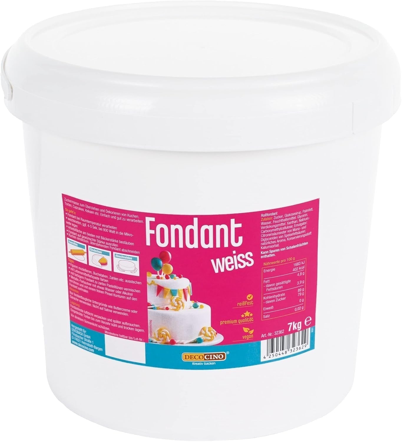 DECOCINO weißer Fondant – Vorteilspackung mit 7 Kilogramm – ideal zum Dekorieren von Kuchen, Torten, Cake Pops – vegan und laktosefrei Naty Shop Zuckerpaste 7 kg
