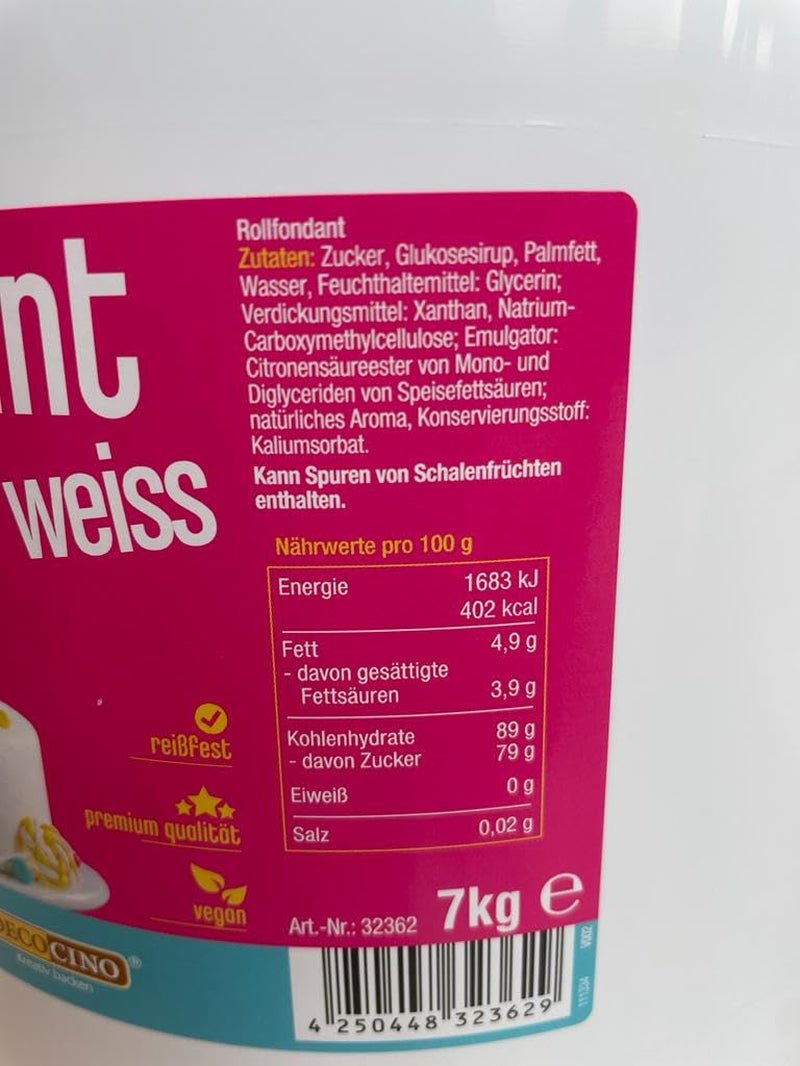 DECOCINO weißer Fondant – Vorteilspackung mit 7 Kilo – ideal zum Dekorieren von Kuchen, Torten, Cake Pops – vegan und laktosefrei. Zuckerpaste Naty Shop