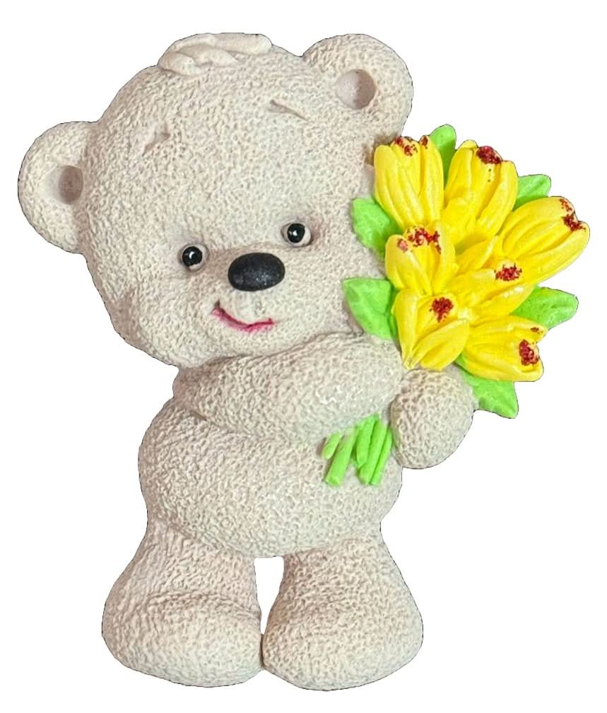 Essbare Zuckerdekoration, Teddybär mit Tulpenstrauß. Dekorationen von Sugar Paste Nati Shop