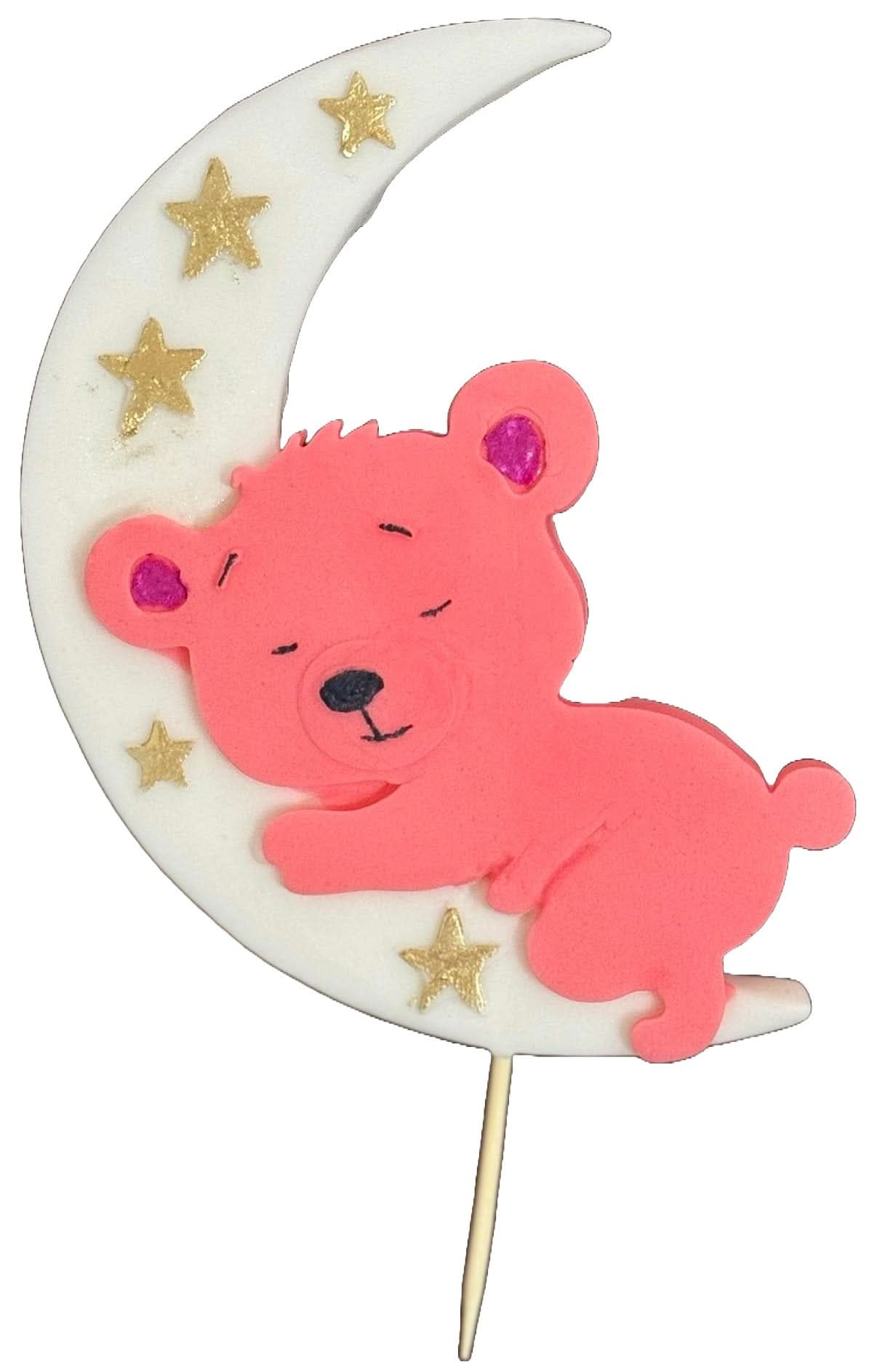 Essbare Zuckerdekoration, rosa Teddybär auf dem Mond. Dekorationen von Sugar Paste Nati Shop