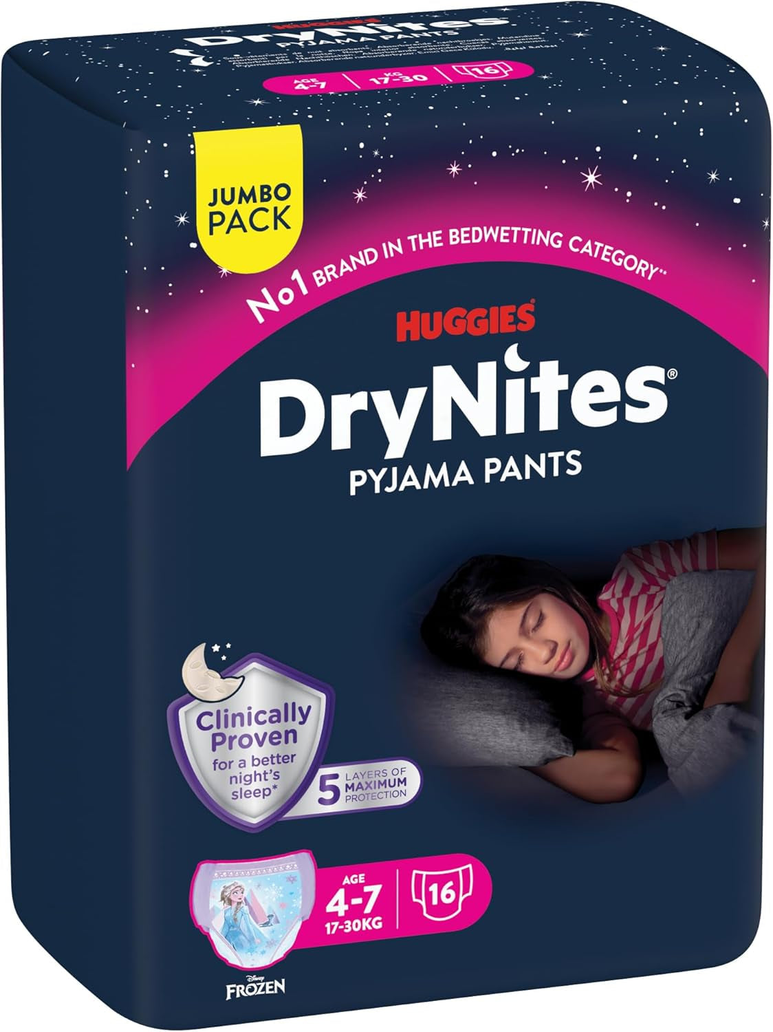 Huggies DryNites Super saugfähige Nachtwindeln für Mädchen von 4–7 Jahren, 4 x 16 Höschenwindeln (64 Stück), Monatspackung