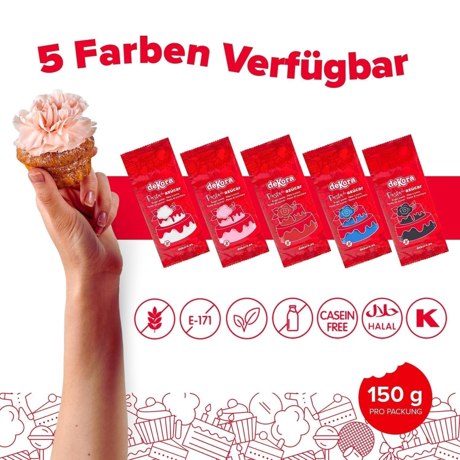 Dekora – Weißer Zuckerpastenfondant 150 g – Perfekt für Kuchen und Backdekorationen – Gluten- und laktosefrei – Vanillegeschmack – Weich, flexibel und leicht zu formen für kreative Dekorationen Naty Shop Zuckerpaste