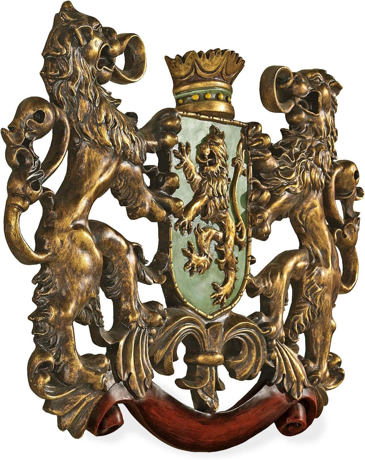 Design Toscano Mittelalterlicher Schild Aufrechter Löwe, Wandskulptur Statuetten und Skulpturen Naty Shop Den Teich überqueren