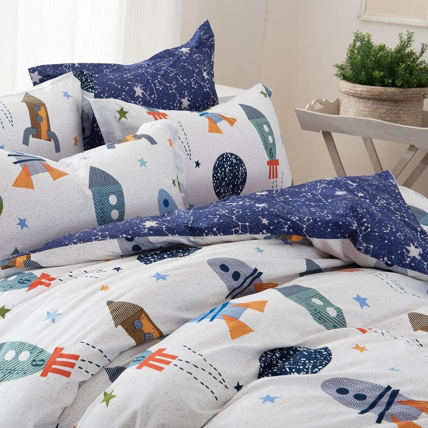 Kinderbettwäsche, Raketen und Planeten, Wendedesign, Baumwolle Bettwäsche - Kinder Naty Shop