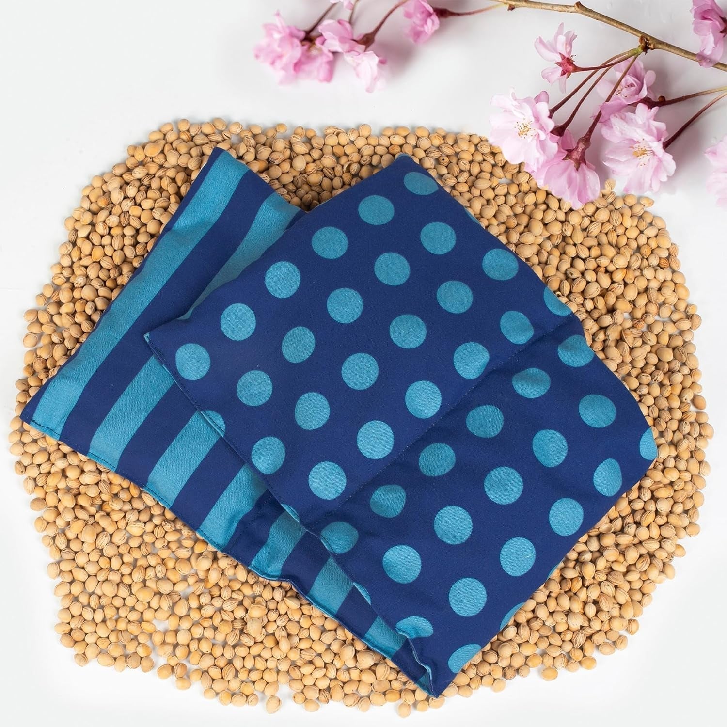 Kirschkernkissen mikrowellen- und ofenfest - Blau mit Streifen und Punkten I Handgefertigt I Hergestellt in Deutschland I Ca. 20 x 60 cm I Öko-Tex-Baumwolle I Nackenkissen Zervikale orthopädische Kissen Naty Shop