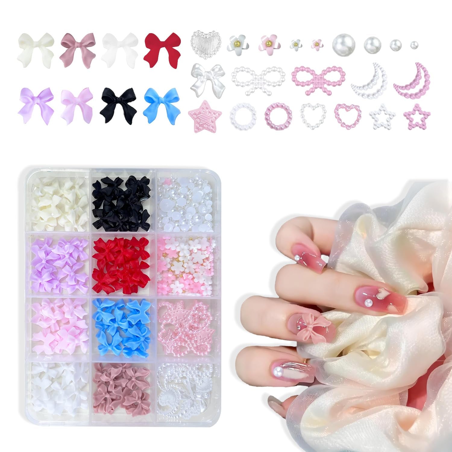3D-Nagelkunst-Dekorationen, 1 Box Nail-Art-Anhänger, gemischter Stil, Blumen-Herz-Schleife, Nagelkunst-Anhänger, Harz-Nagelkunst-Dekorationen, für Nagelkunst-Dekorationen, DIY-Bastelzubehör