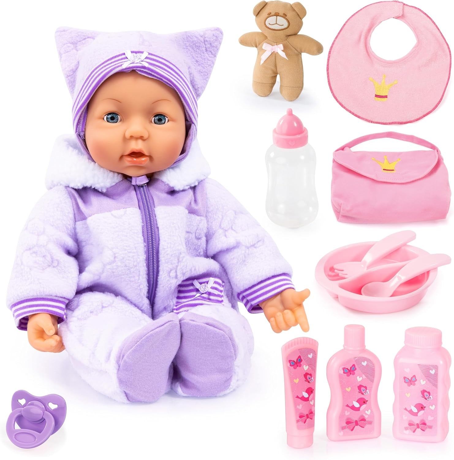 Bayer Design 94694AG 94694AA, Funktionspuppe, interaktive Puppe Piccolina Magic Eyes, bewegt den Mund, blinkt und schließt die Augen, sprechend, lila, 46 cm
