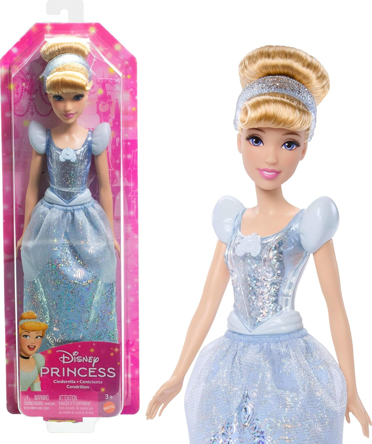 Mattel DISNEY Prinzessin Aschenputtel – bewegliche Puppe mit funkelndem Outfit, abnehmbaren Schuhen und Tiara, gekämmtes Haar für Stylingspaß, für Kinder ab 3 Jahren, HLW06