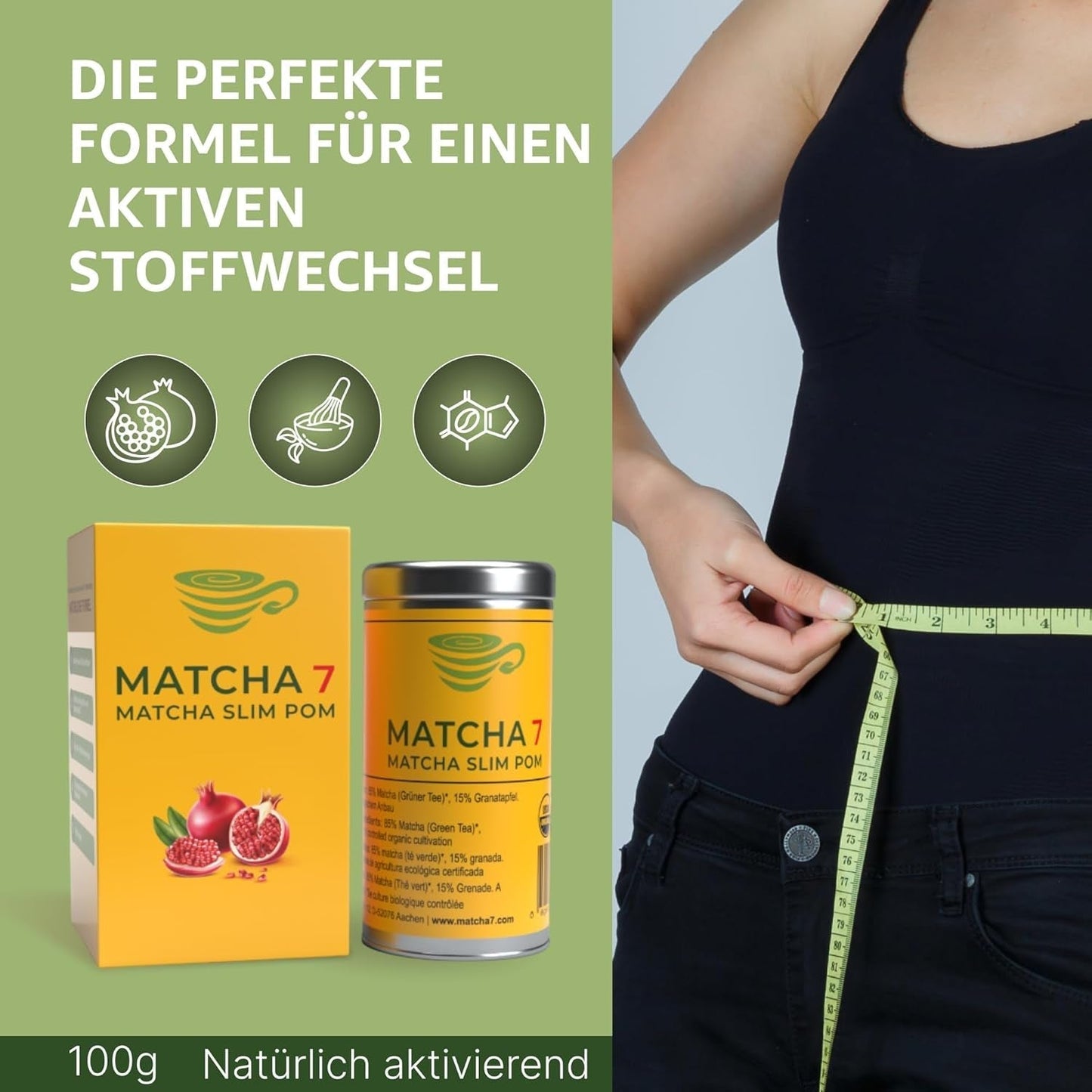 ® Ceremonial Matcha Powder X Granatapfel 100G [Unterstützt Gewichtsverlust und Stoffwechsel] – Grüner Tee für einen aktiven und gesunden Lebensstil – Grüner Tee ohne Zusatzstoffe (rein und natürlich)