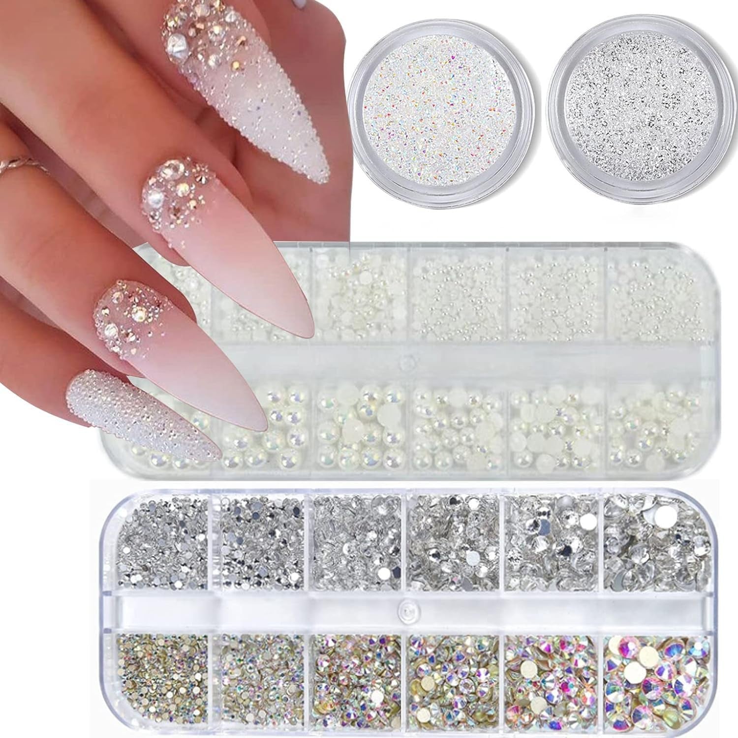 GZMAYUEN Nail Art Perlen Micro Caviar Für Nägel, 0.3-3Mm Goldene Silber Mini Caviar Strasssteine, Weiß Beige Mini Nägel Perlen Mikroperlen Dekor Für Nägel
