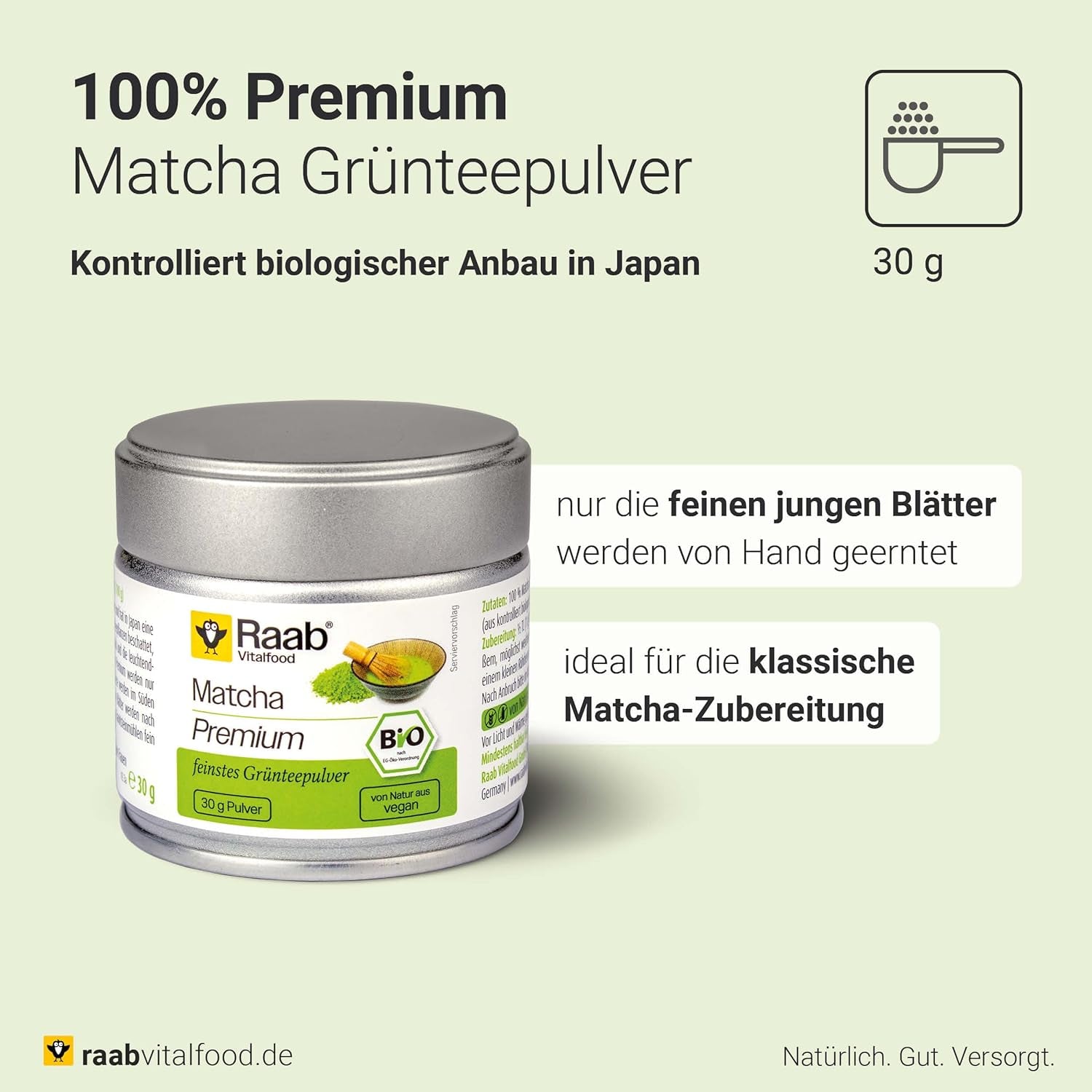 Raab Vitalfood® Premium Bio Matcha Pulver (30g) – Original aus Japan, reines Matcha-Pulver ohne Zusatzstoffe, fein gemahlen, mild-bitterer Geschmack, Grüntee-Pulver, vegan, Teezeremonie
