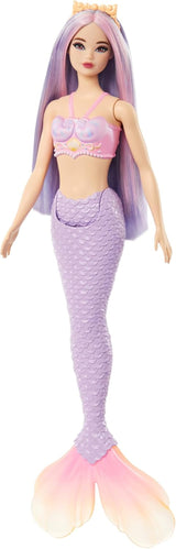 Barbie-Meerjungfrau-Puppe mit rosa und lilafarbenem Haar und Stirnband, Muscheloberteil und lavendelblauer Schwanzflosse, HRR06 Naty Shop-Puppen