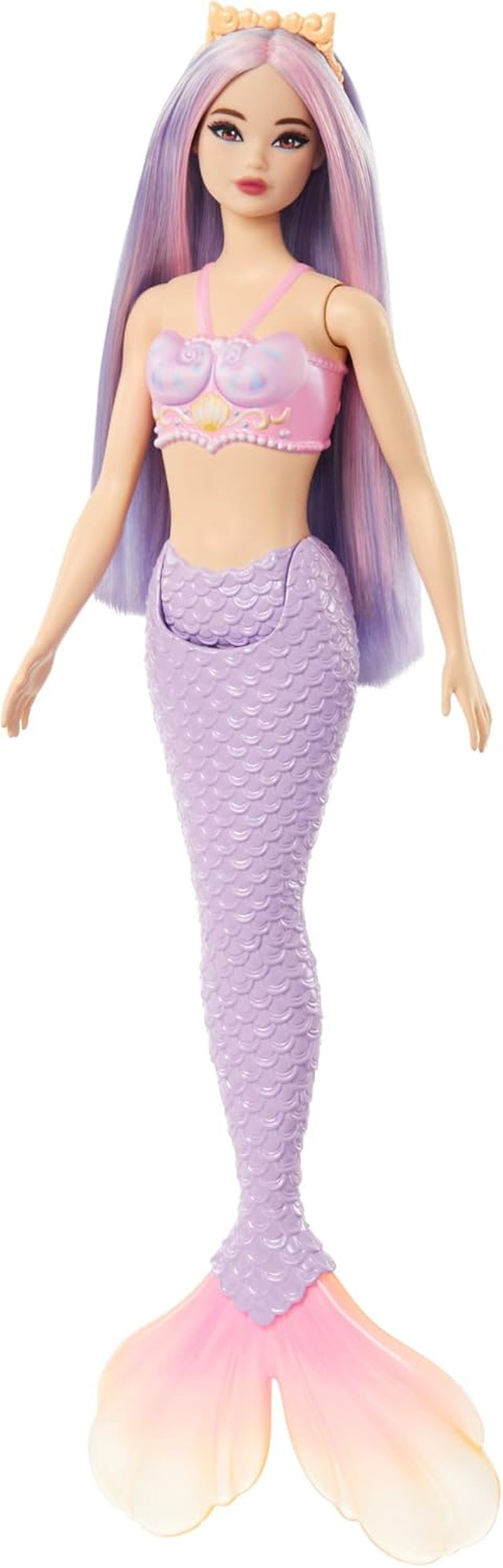Barbie-Meerjungfrau-Puppe mit rosa und lilafarbenem Haar und Stirnband, Muscheloberteil und lavendelblauer Schwanzflosse, HRR06 Naty Shop-Puppen