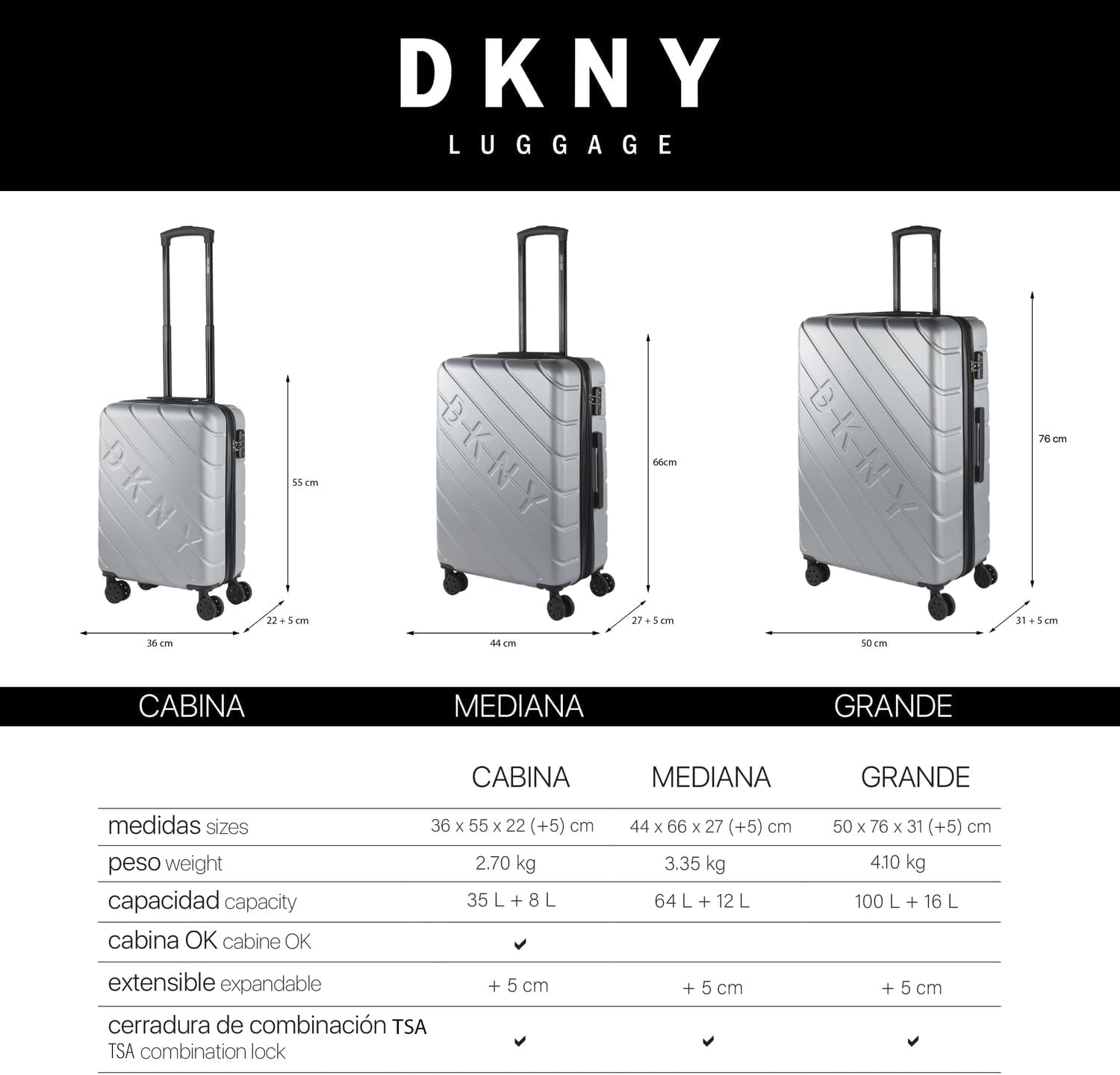 DKNY – Großer 4-Rad-Koffer Großer leichter Koffer – Großer Reisekoffer mit Rollen. Großer Flugzeug-Reisekoffer Hartschalenkoffer mit zertifiziertem Verschluss – Großer Trolley-Koffer Silber Gepäck und Reiseausrüstung Naty Shop