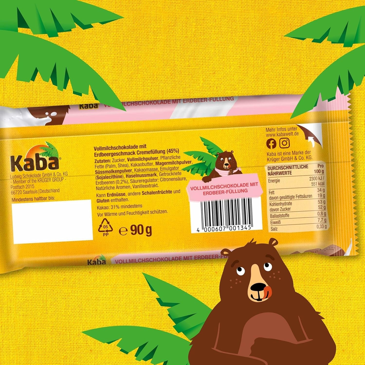 Kaba Milchschokolade mit Erdbeercreme, gefüllte Tafelschokolade, 90g-Riegel, zartschmelzende Schokolade mit fruchtiger Erdbeercreme und Kaba-Originalgeschmack (2er-Pack)